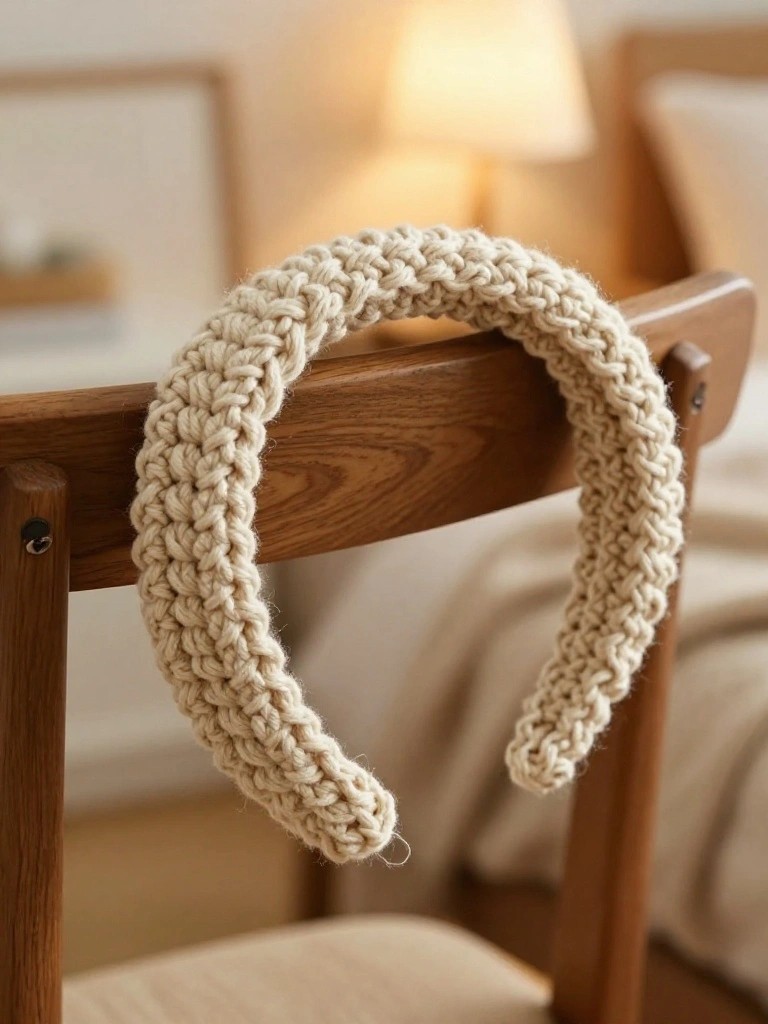 Knitted beige headband draped over wooden chair back.