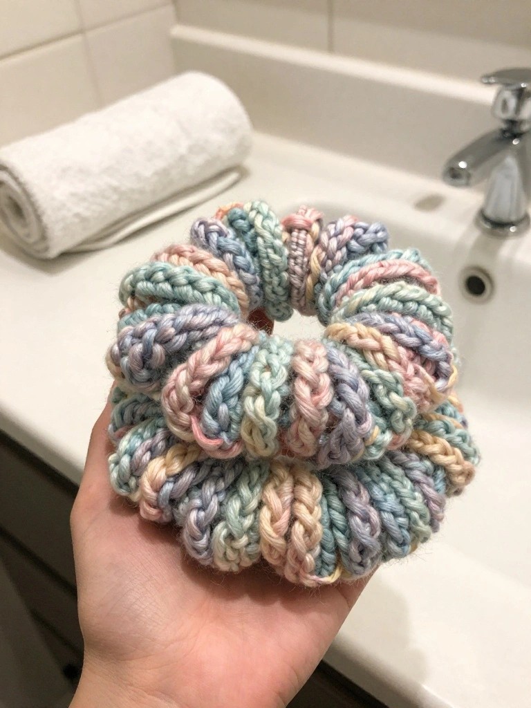 Hand holding a chunky pastel crocheted scrunchie in a bathroom.