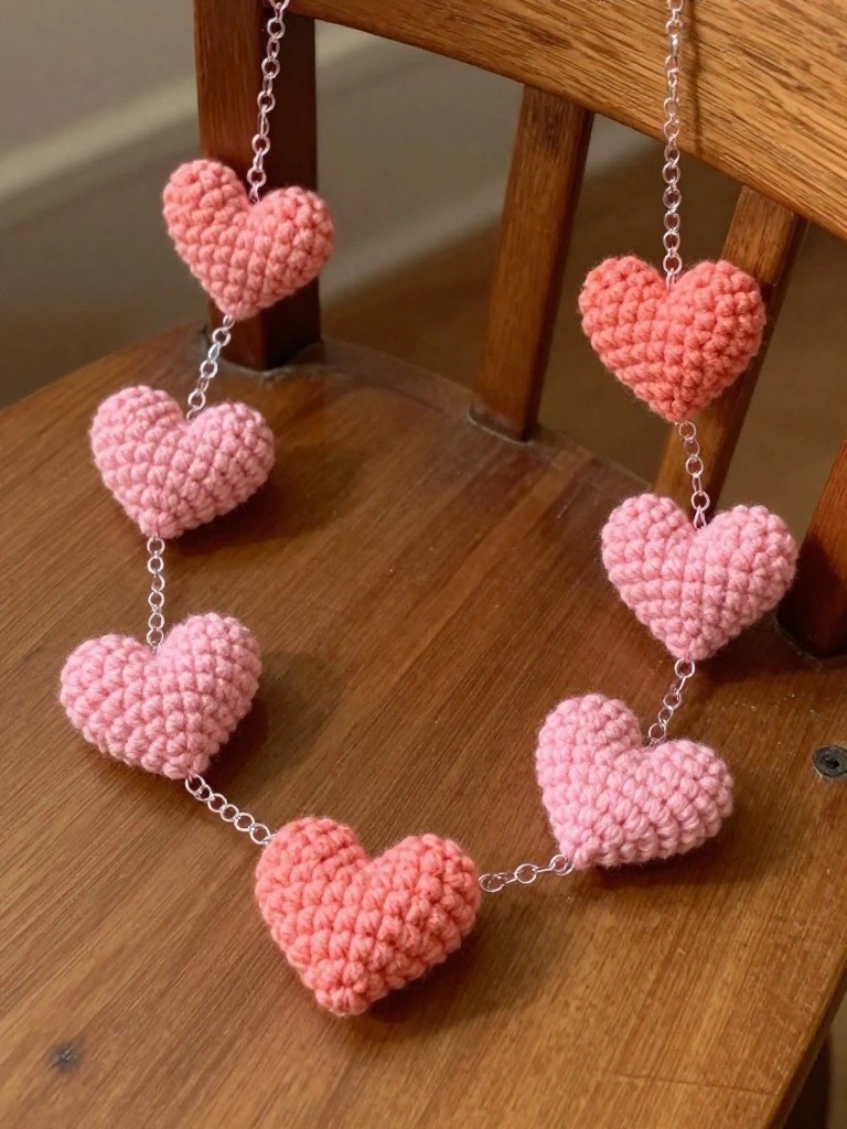 Pink crocheted hearts connected by silver chains on wooden chair.
