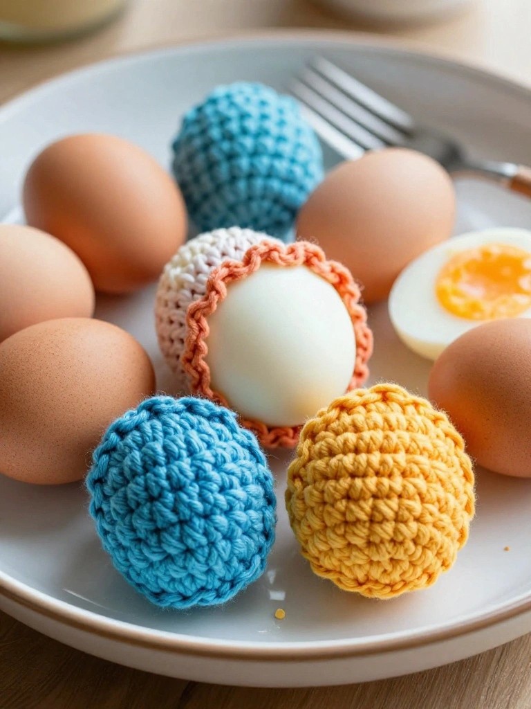 A white plate holds several brown eggs, a halved boiled egg, and crocheted egg-shaped covers in blue, yellow, and white with an orange border.