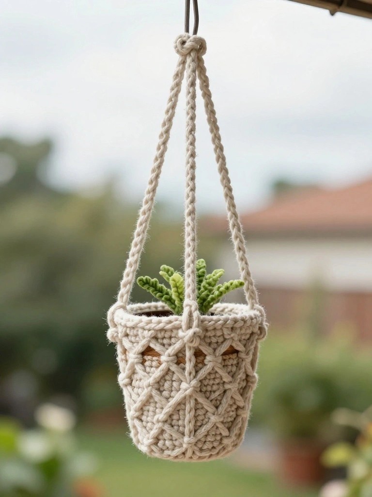 Hanging beige macrame plant holder with green succulent in woven pot.