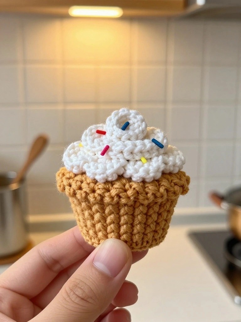 Hand holding a tiny crocheted cupcake with white frosting and sprinkles.
