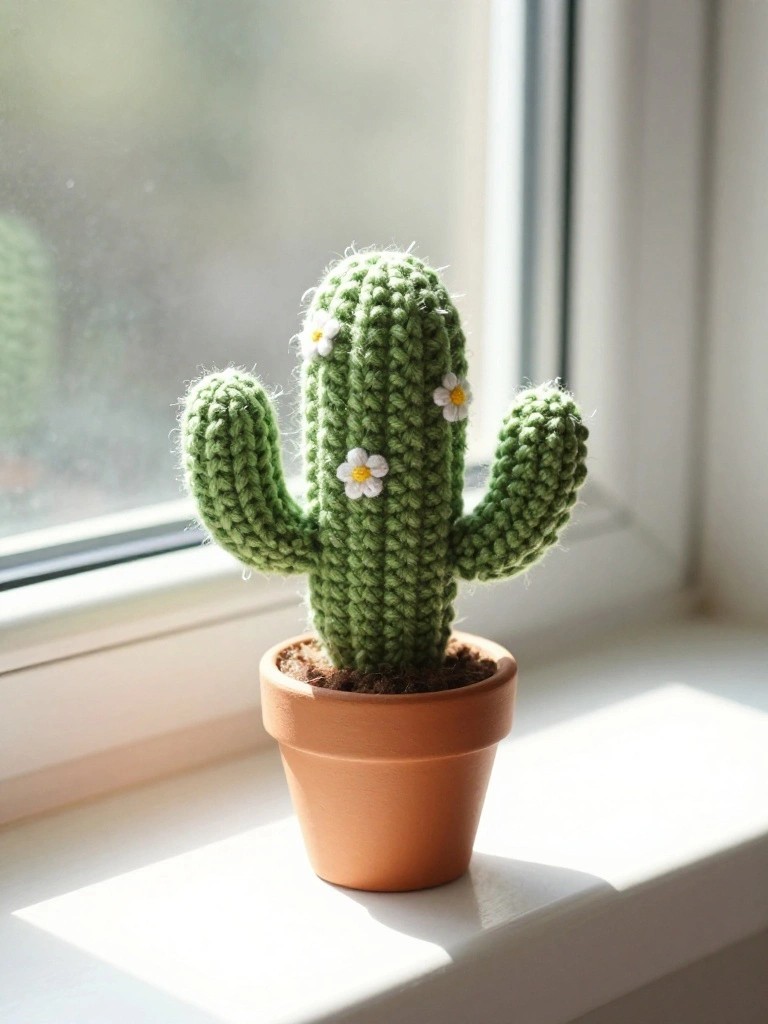 A green crocheted cactus with small white flowers in a terracotta pot on a windowsill.