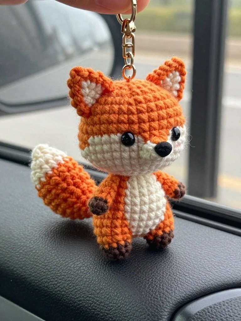 Crocheted orange fox keychain with white belly and fluffy tail on car dashboard.