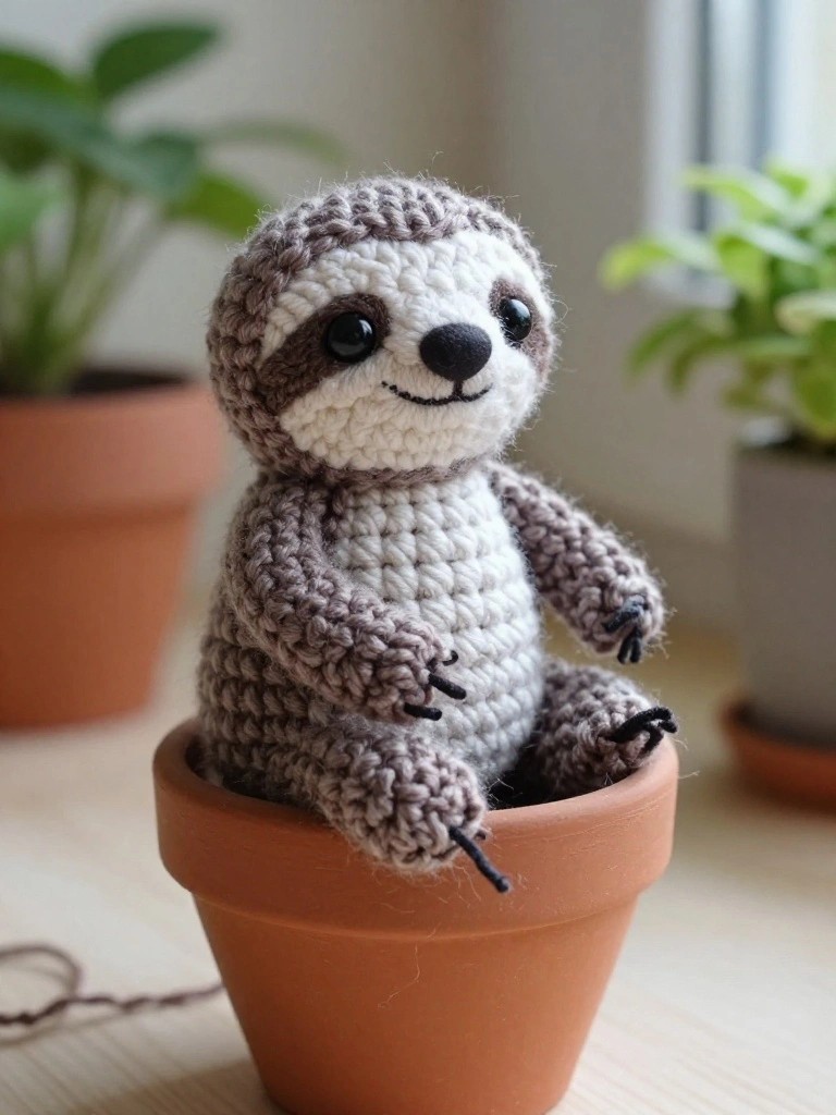 Crocheted sloth toy in terracotta pot with plants behind.