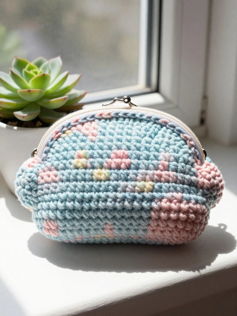 Pastel crocheted coin purse with pink and yellow flower pattern.