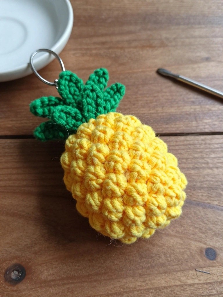Crocheted yellow pineapple keychain with green leaves on wooden table.