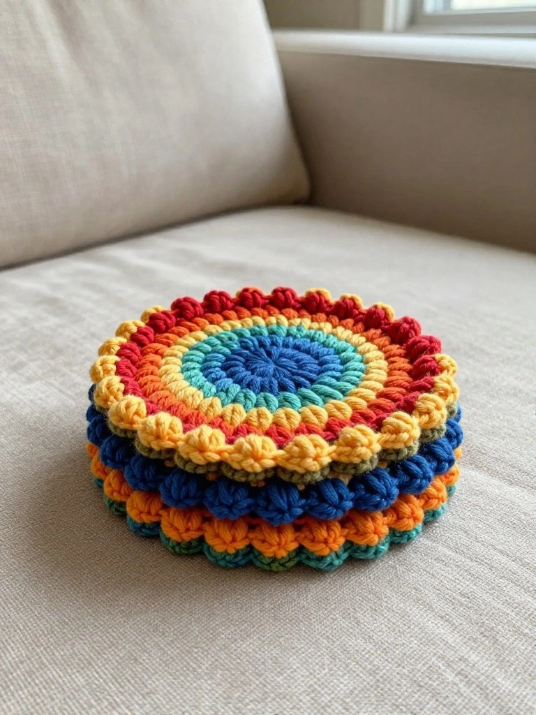 Colorful crocheted coasters stacked on a beige couch.