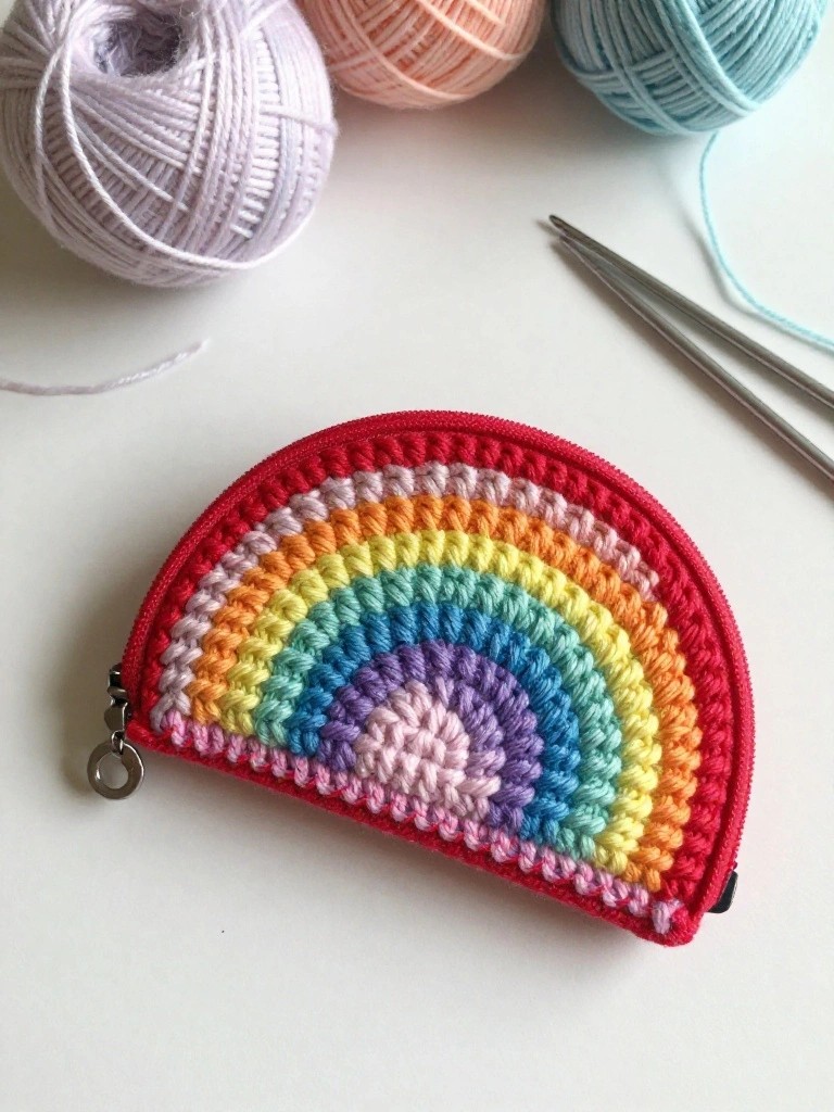 A small semi-circular crocheted pouch with rainbow stripes, red border, and a zipper.