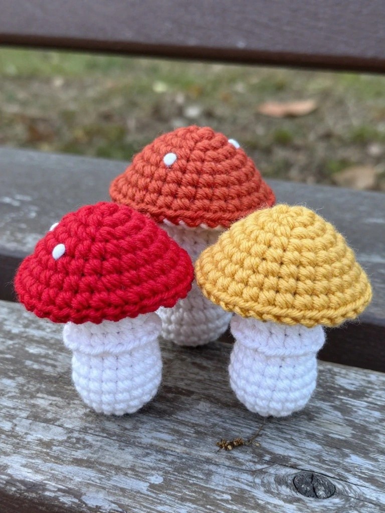 Three crocheted mushrooms with red, orange, and yellow caps on a bench.