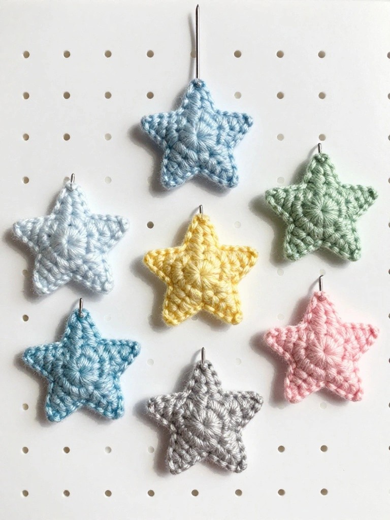 Seven colorful crocheted stars on white pegboard with metal hooks.