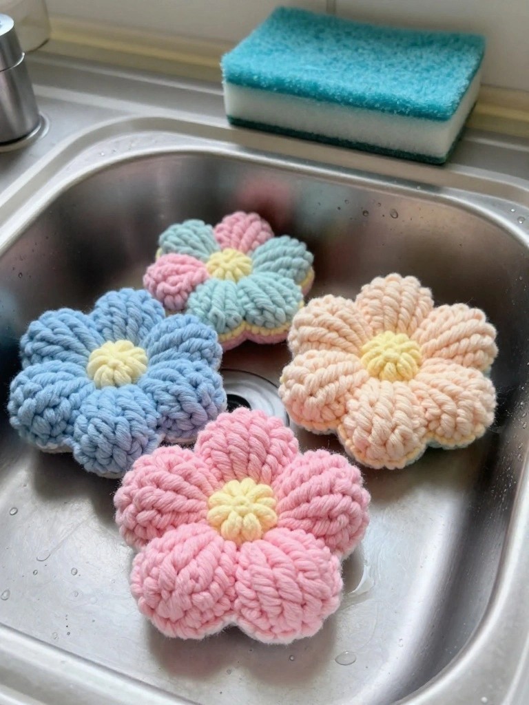 Several crocheted flower-shaped scrubbies in pastel colors rest inside a stainless steel kitchen sink.