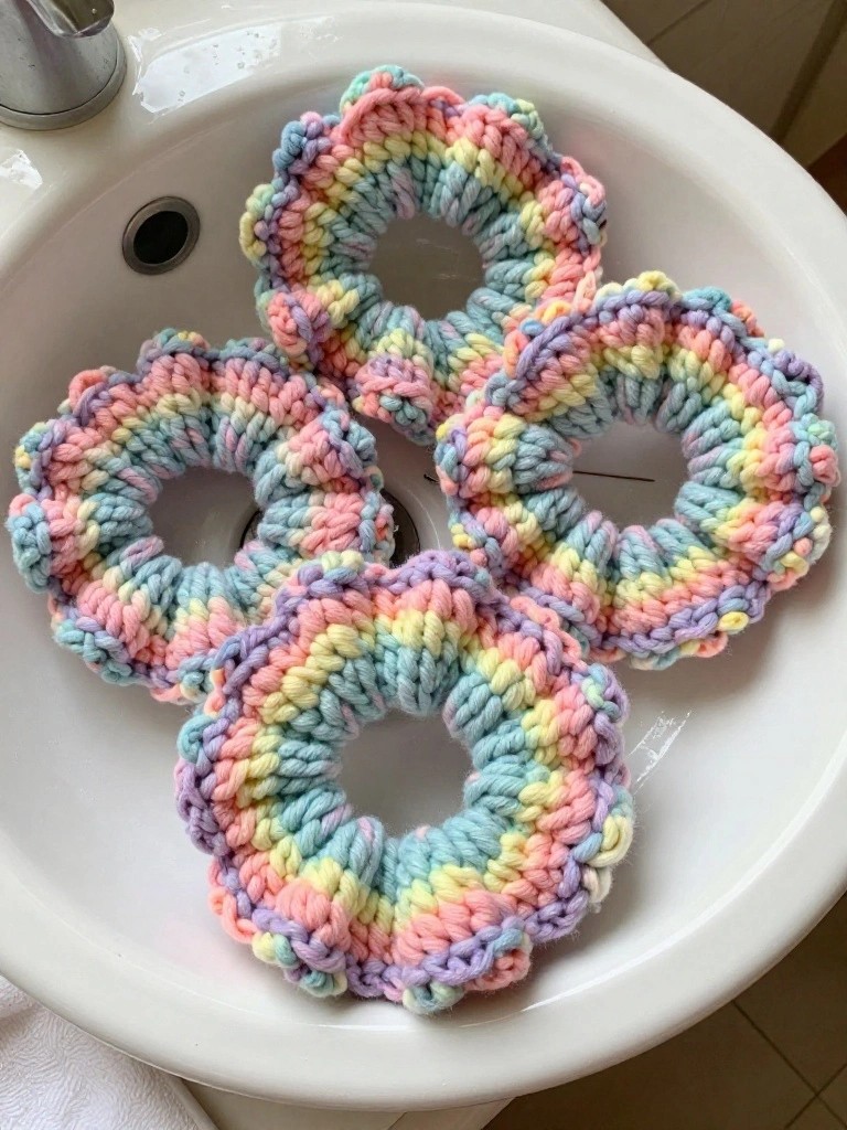Rainbow crocheted scrunchies arranged in a white bathroom sink.