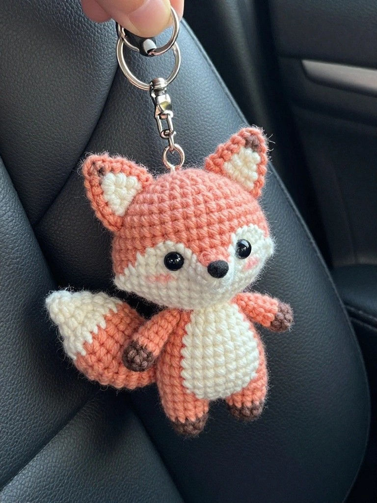 Crocheted orange-and-white fox keychain with black eyes and metal ring.