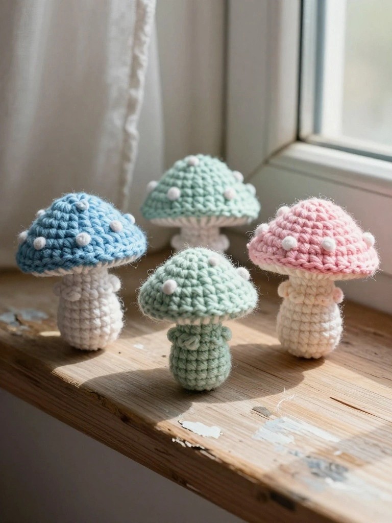Four pastel crocheted mushrooms arranged on a sunlit wooden windowsill.