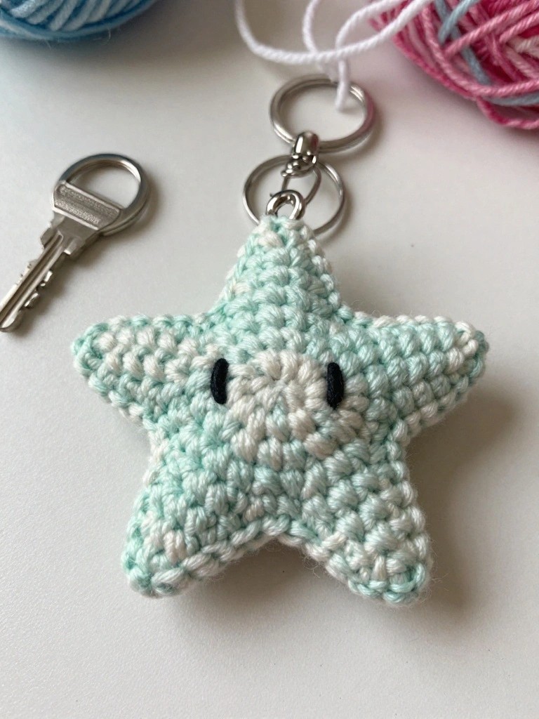 Crocheted mint green star keychain with white face and black eyes.