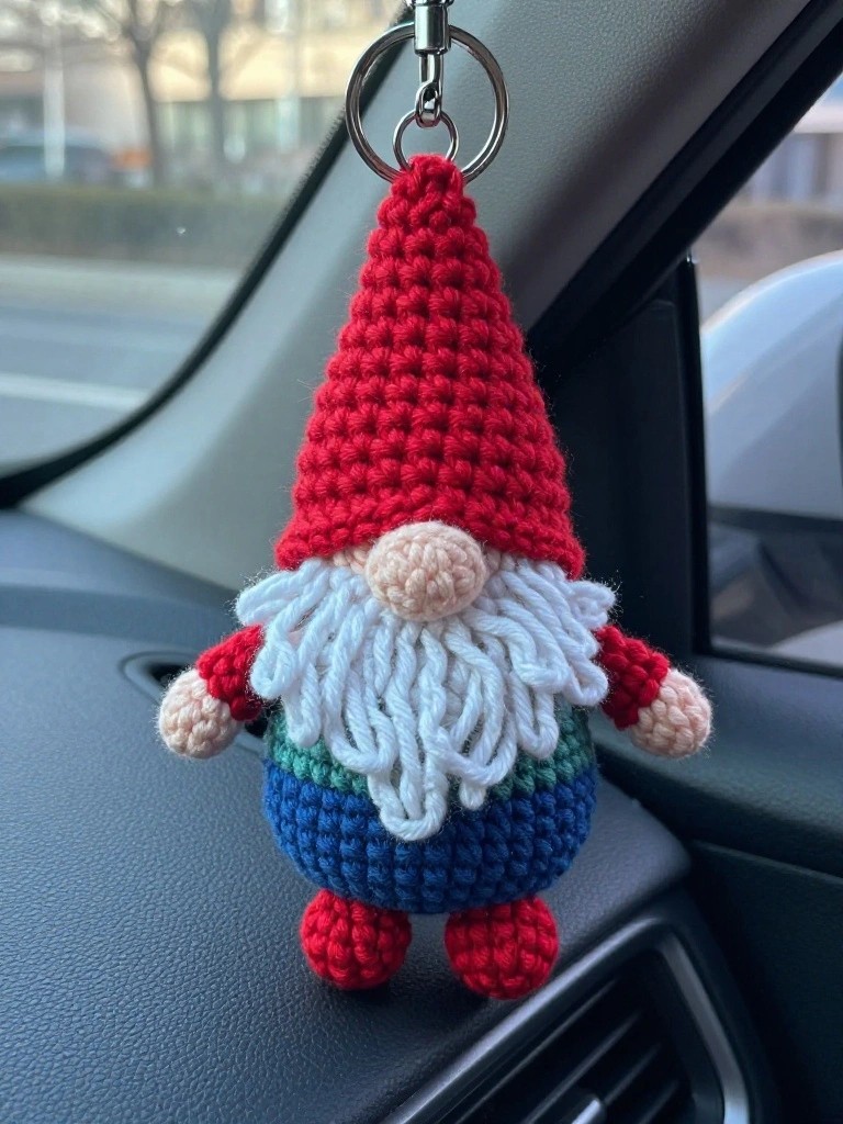 Crocheted gnome keychain with red hat, white beard, and blue body hanging in car.