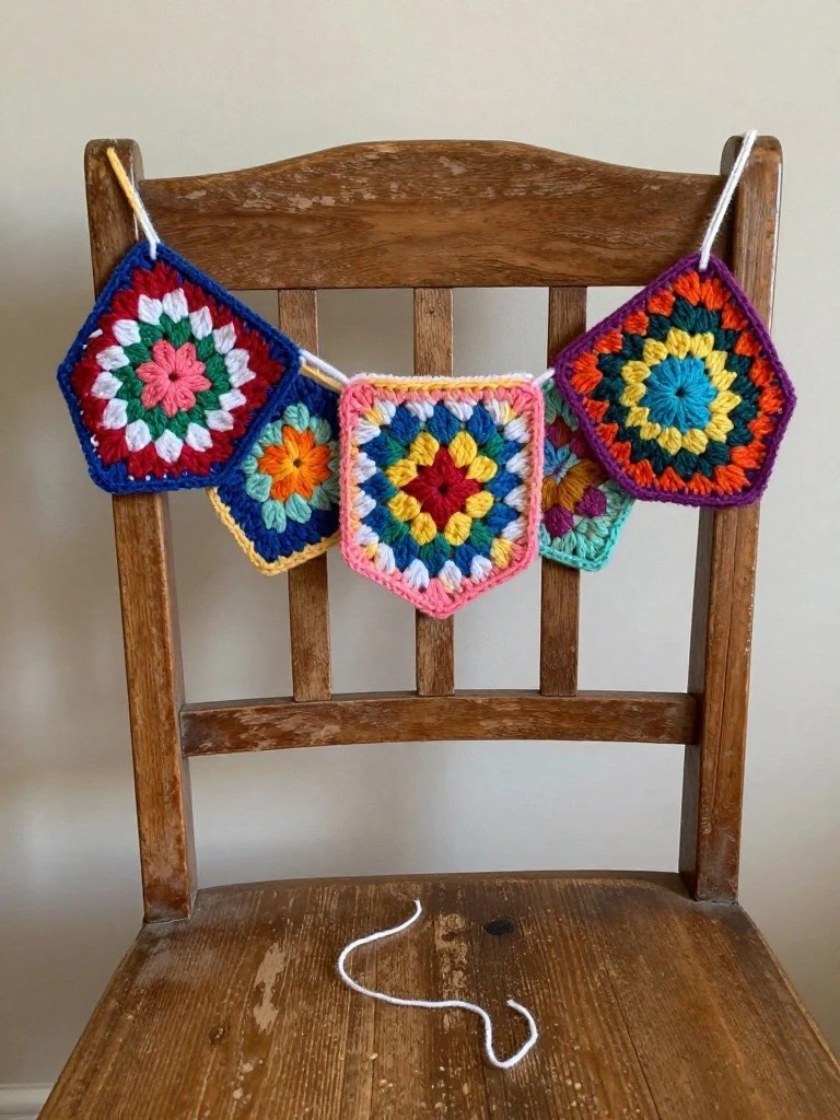 Crochet bunting with colorful granny squares draped over wooden chair.