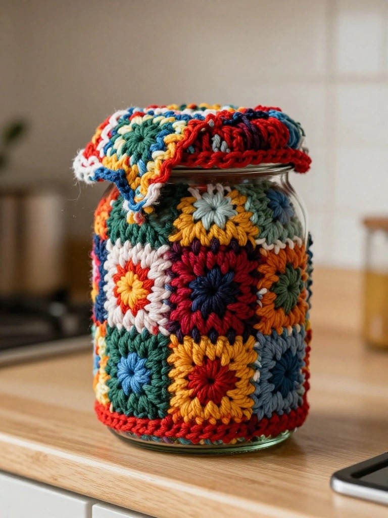 Colorful crocheted granny-square jar cozy on a kitchen counter.