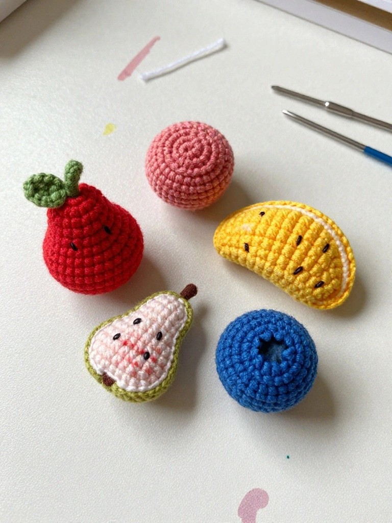 Crocheted fruit amigurumi beside crochet hooks on white surface.
