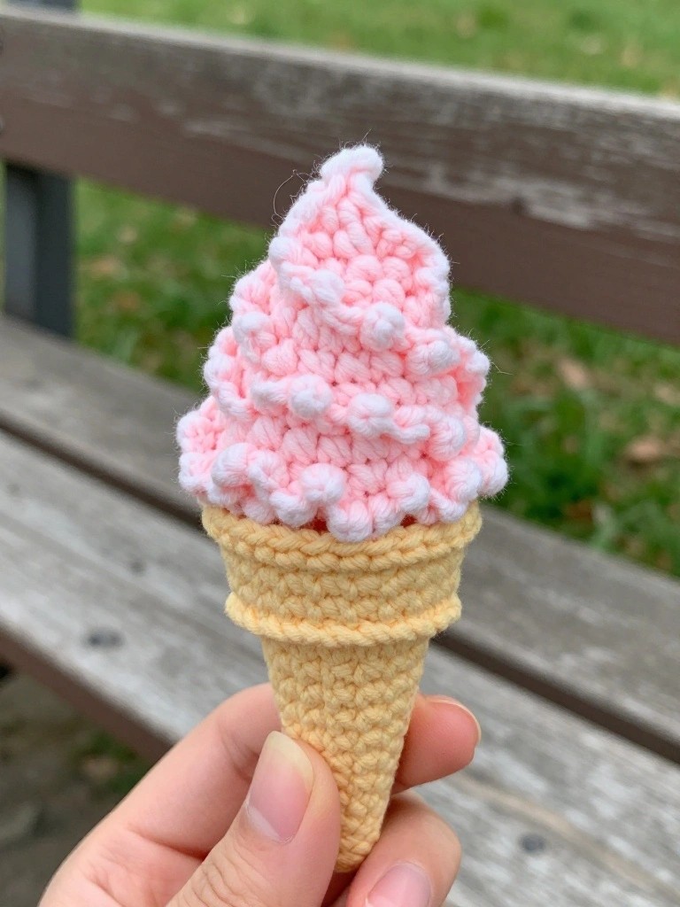 Hand holding pink-and-white crocheted ice cream cone on wooden bench.