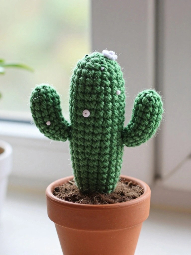 Crocheted green cactus in terracotta pot with white eyes and flower.