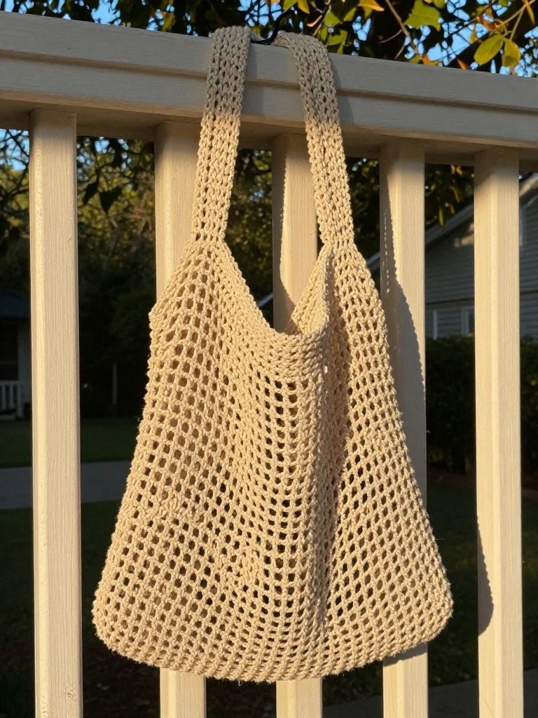 Beige crocheted mesh tote bag hanging on white porch railing.
