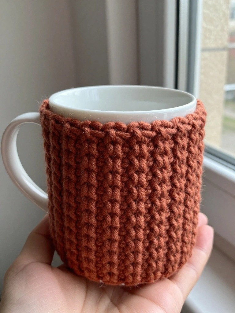 Hand holding a white mug with a rust-orange knitted cozy.