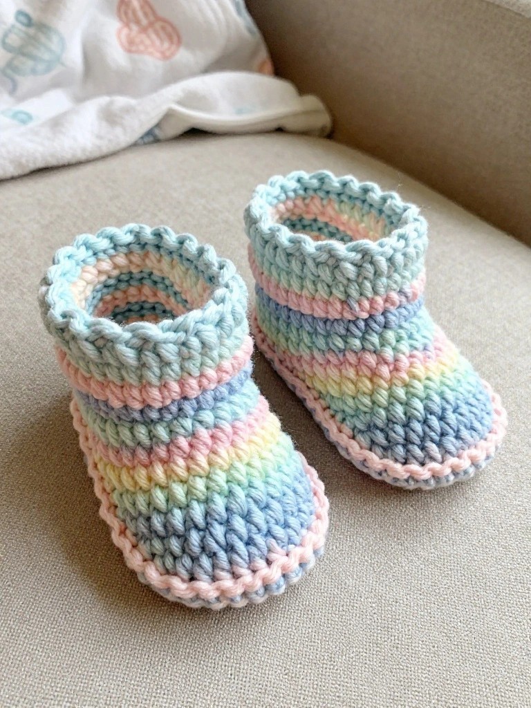 Pastel rainbow crocheted baby booties with scalloped cuffs on fabric.