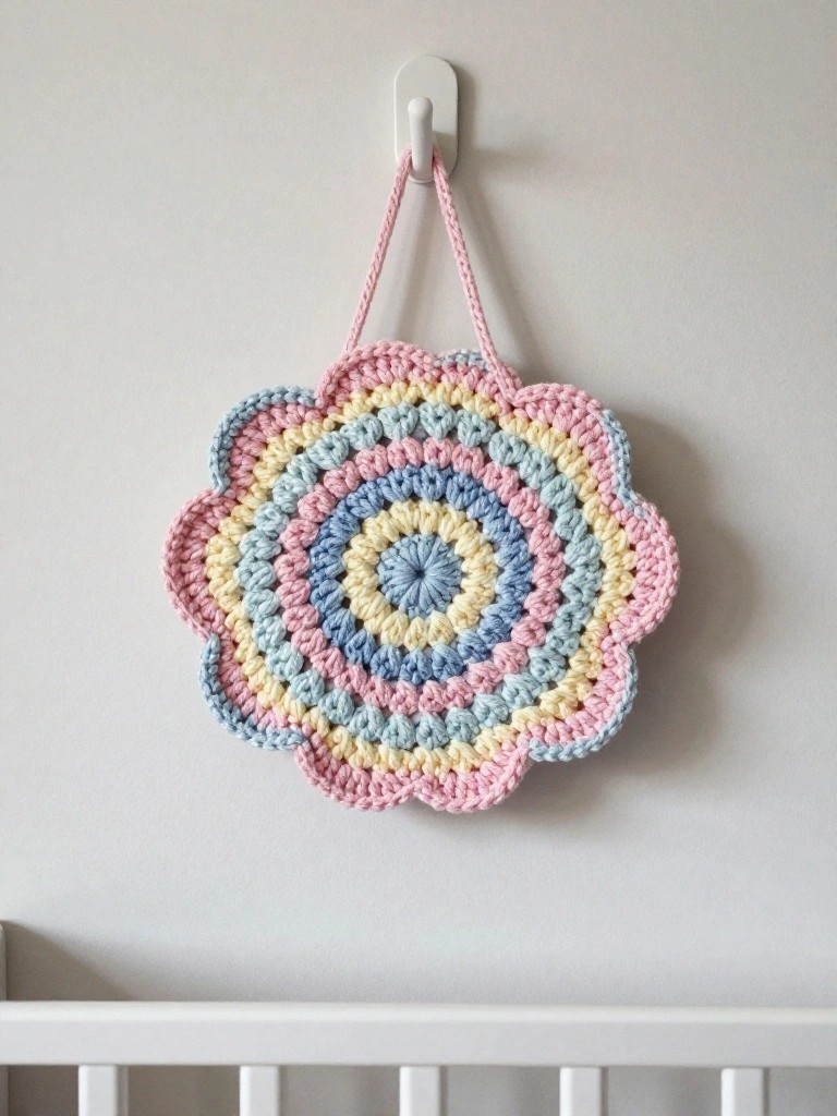 Pastel crocheted flower-shaped bag hanging on white hook.
