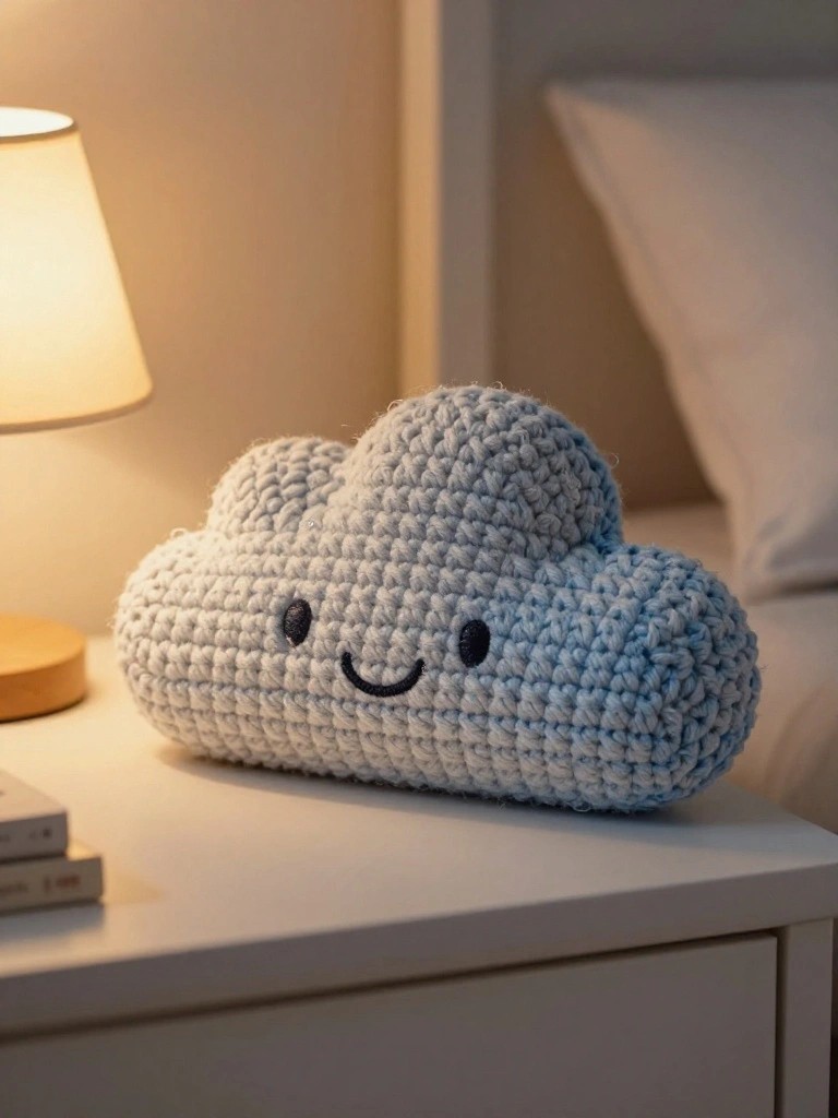 Crocheted light blue cloud plush with smiling face on nightstand.