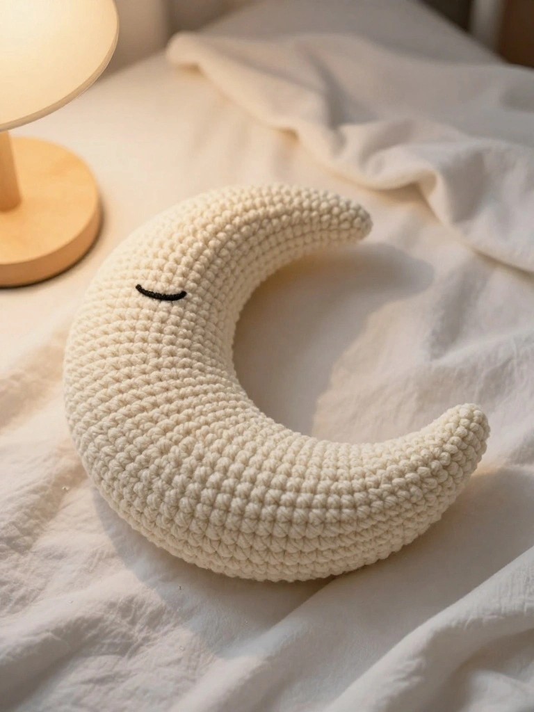 Crocheted white crescent moon plush with closed eyes on rumpled white bedding.