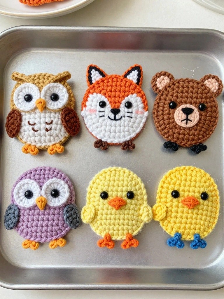 Six crocheted animal coasters on a metal tray.