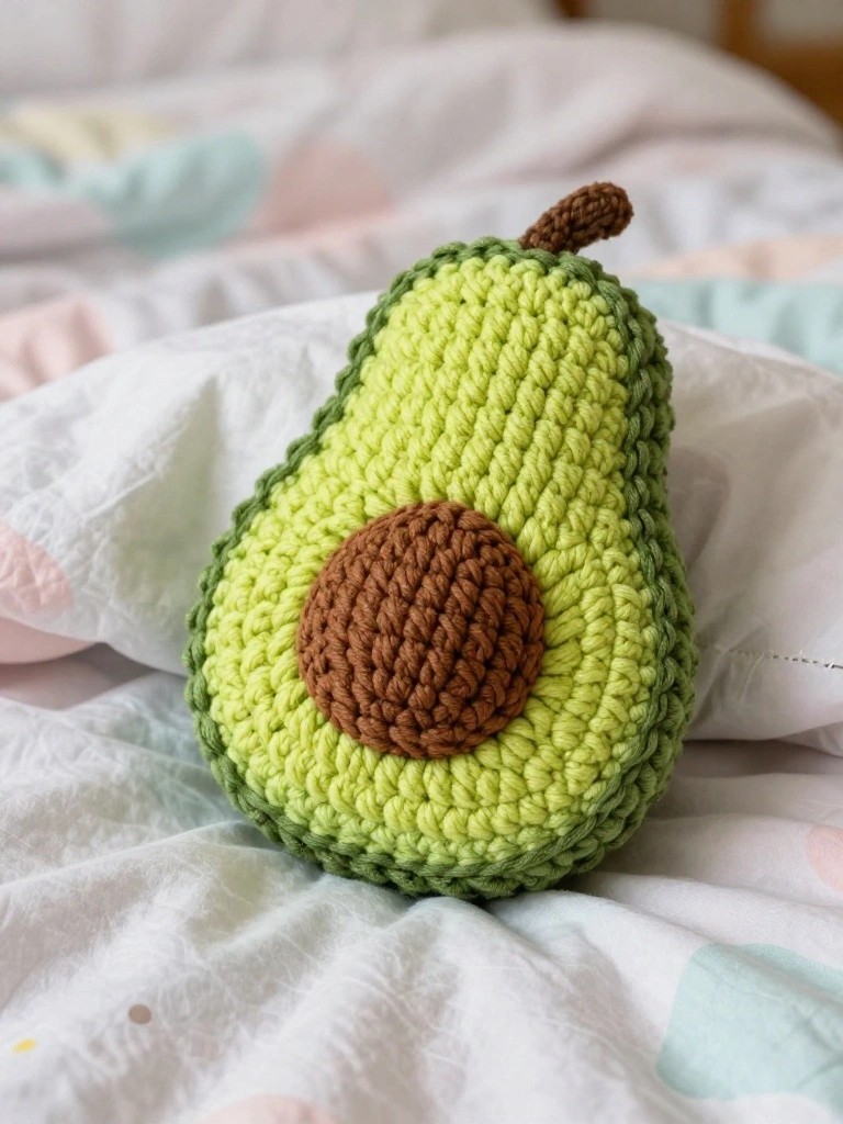 Crocheted avocado toy on pastel bedspread with brown pit and stem.