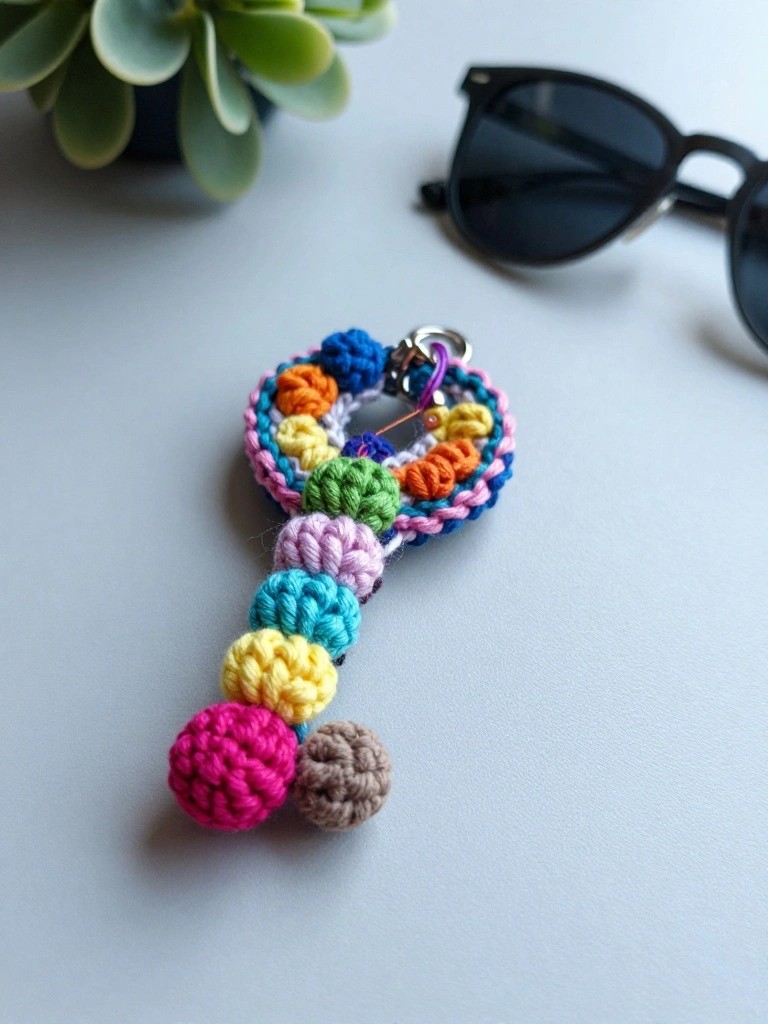 Crocheted colorful keychain with rainbow pom-poms and metal clasp.