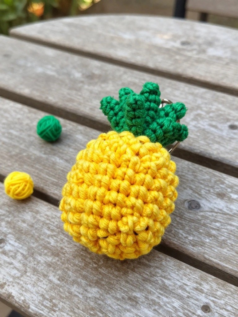 Crocheted pineapple keychain with green top on wooden table beside yarn balls.