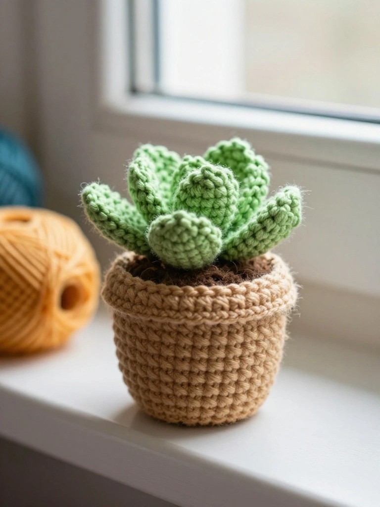 Crocheted green succulent in beige pot beside yellow yarn ball on windowsill.