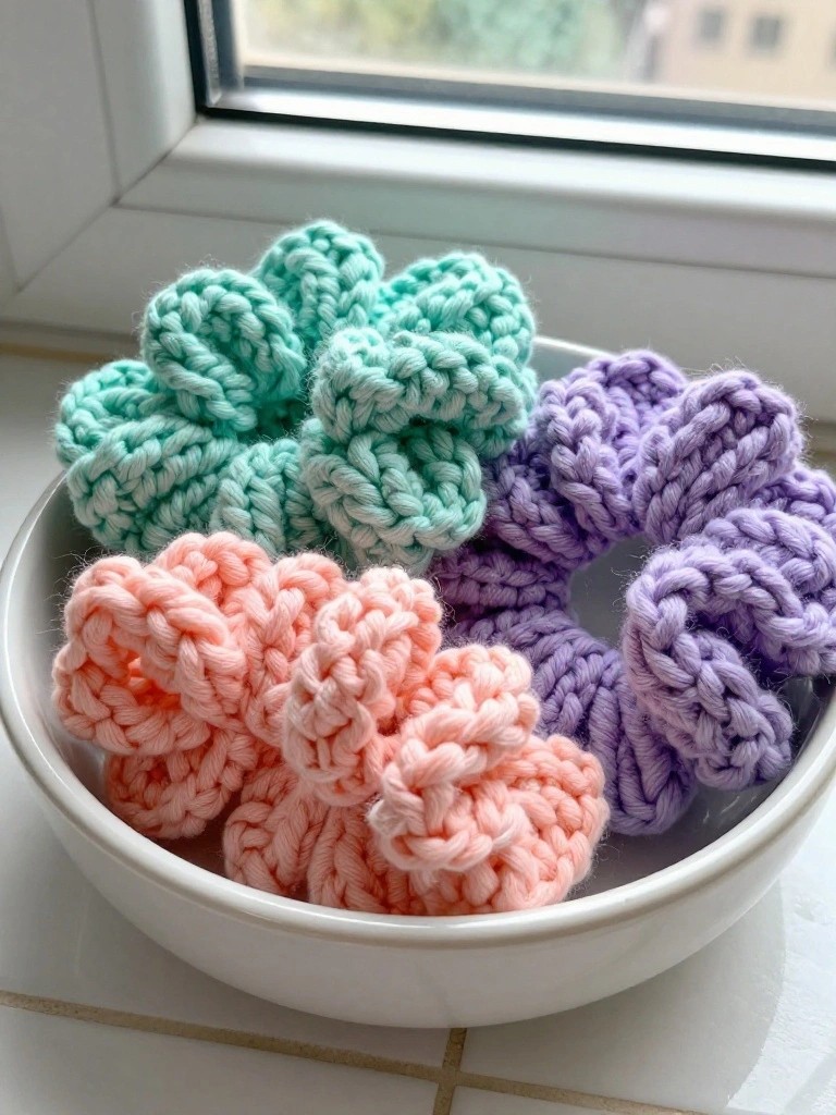 Crocheted flower scrunchies in mint, peach, and purple inside white bowl.