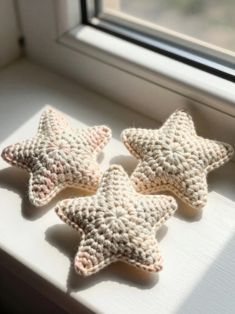 Three crocheted star pillows on a sunlit windowsill.