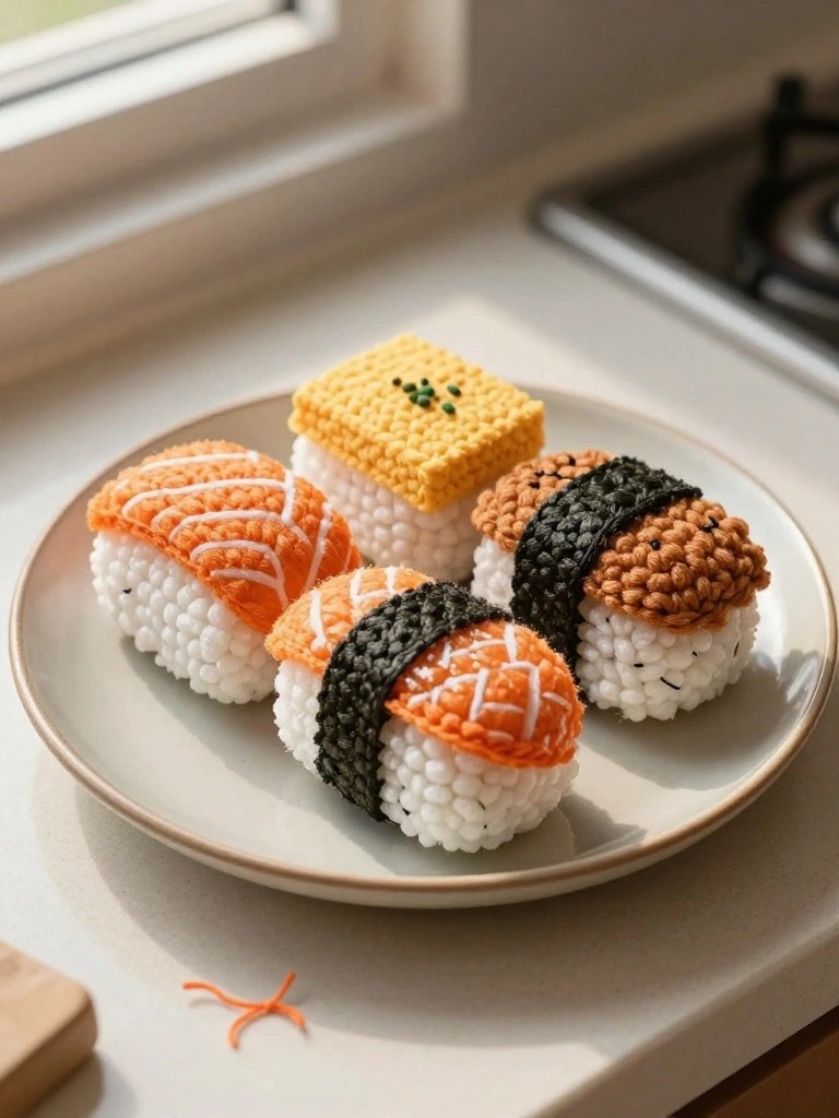 Crocheted sushi rolls and tamago on a white ceramic plate.