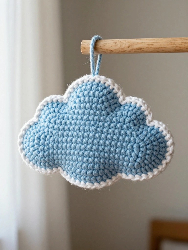 Blue crocheted cloud ornament with white border hanging from wooden rod.