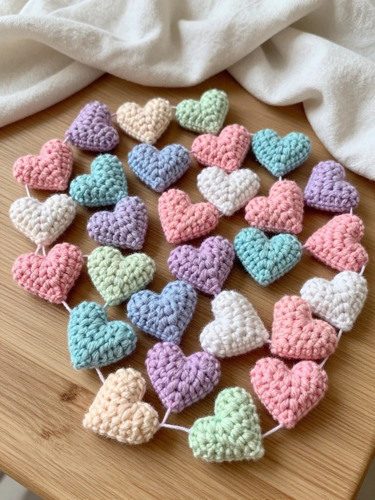 Colorful crocheted heart garland arranged on a wooden surface.
