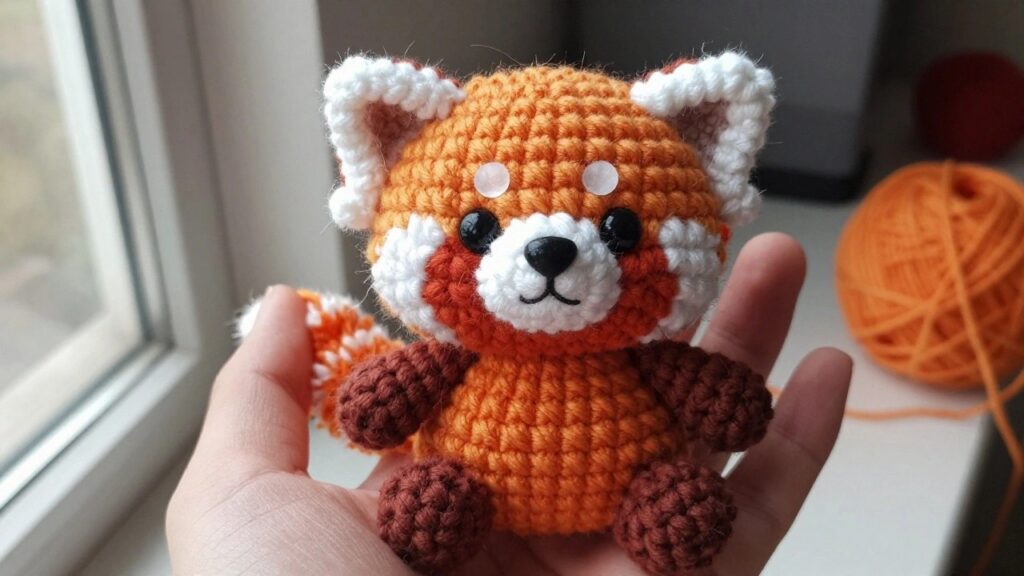 A small orange crocheted fox toy with white face and ear details plus brown paws rests in an open hand.