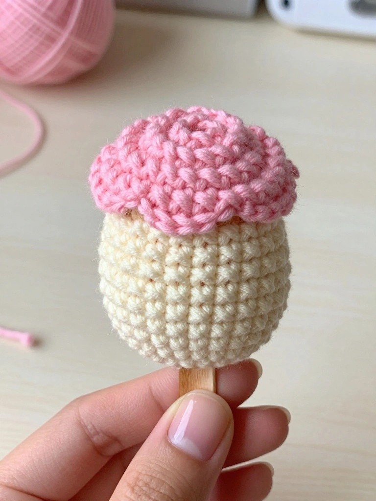 Hand holding a crocheted cupcake on a wooden stick with pink frosting.