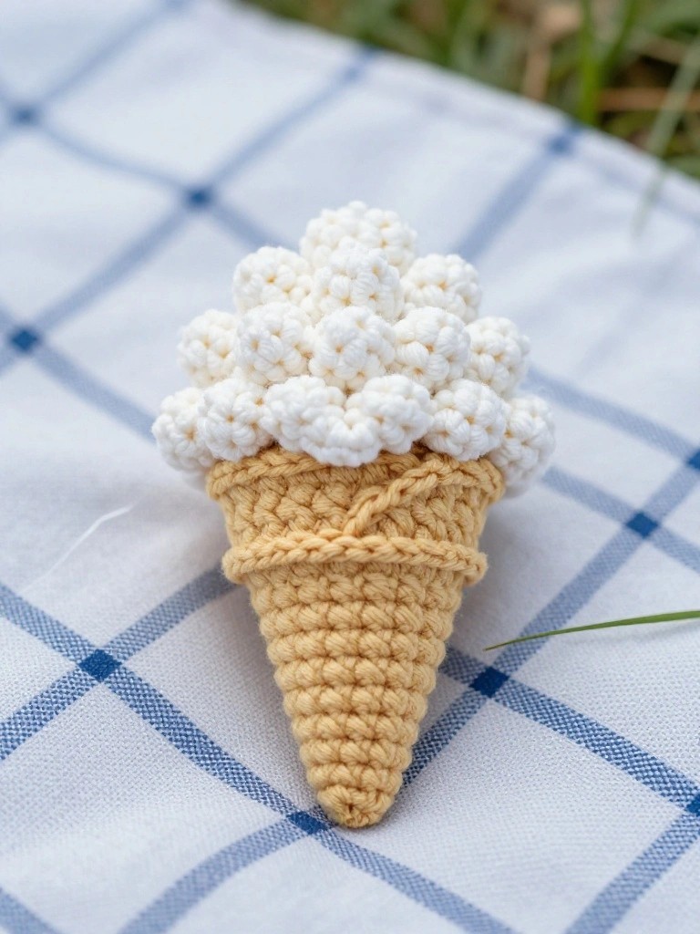 A crocheted ice cream cone with a tan ridged cone and stacked white bumpy scoops sits on blue and white checkered fabric.