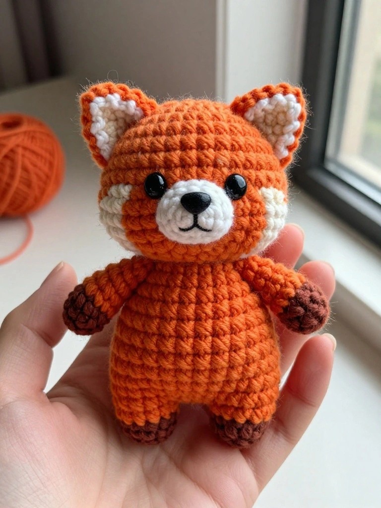 A small orange crocheted fox toy with white face and ear details plus brown paws rests in an open hand.