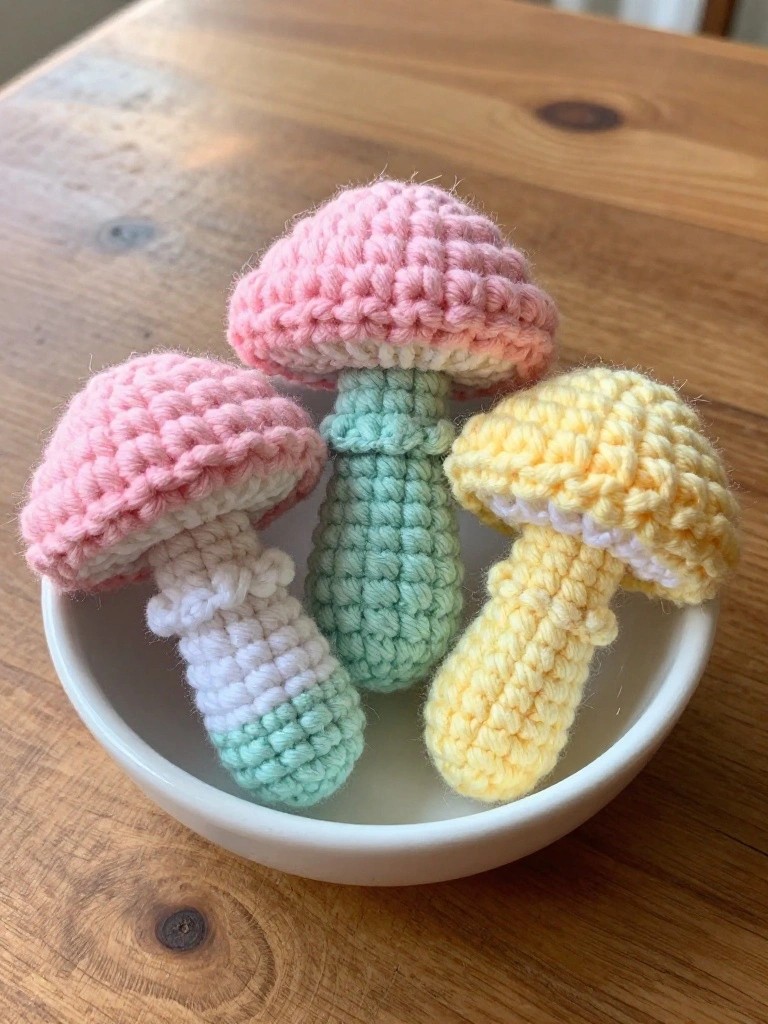 Three pastel crocheted mushrooms in a white bowl on wood.