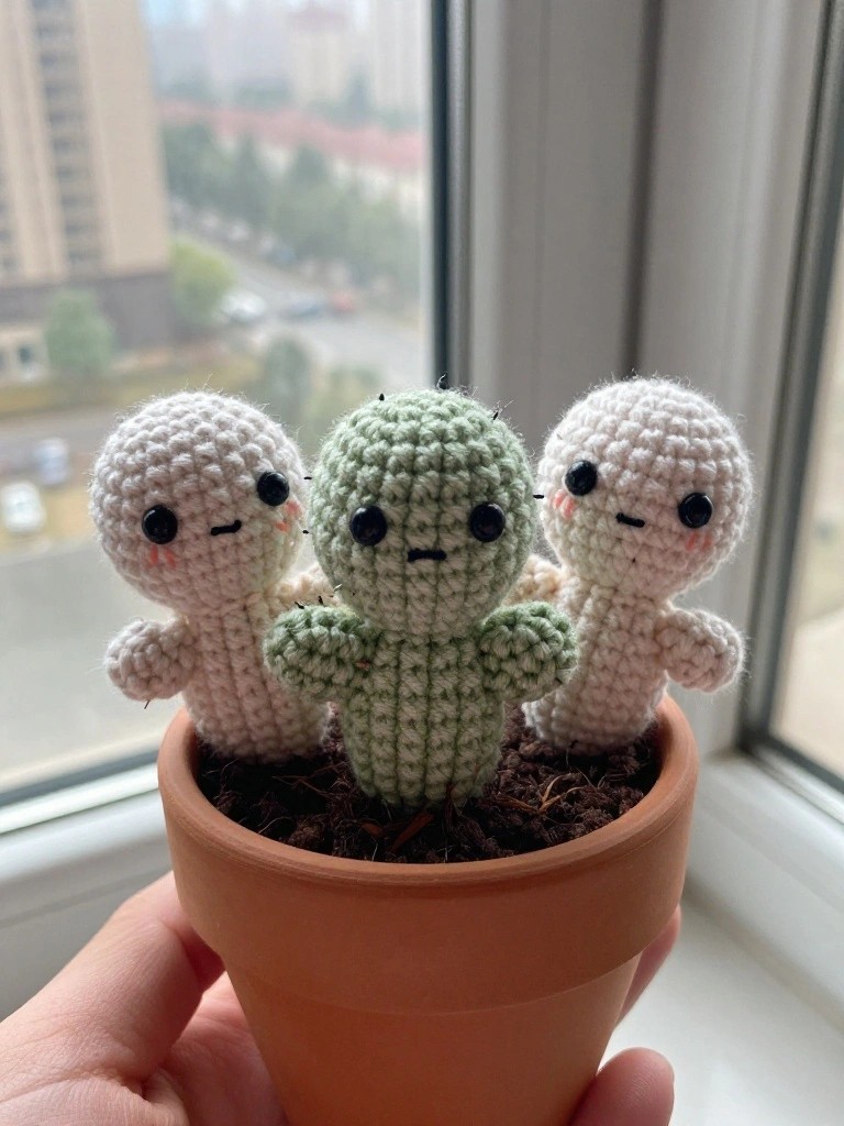 Three crocheted cactus dolls in a terracotta pot by a window.