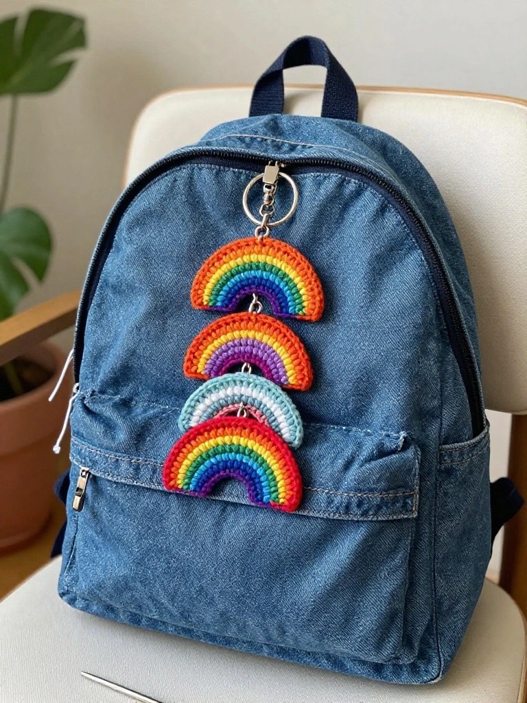 Denim backpack with four colorful crocheted rainbow keychains.