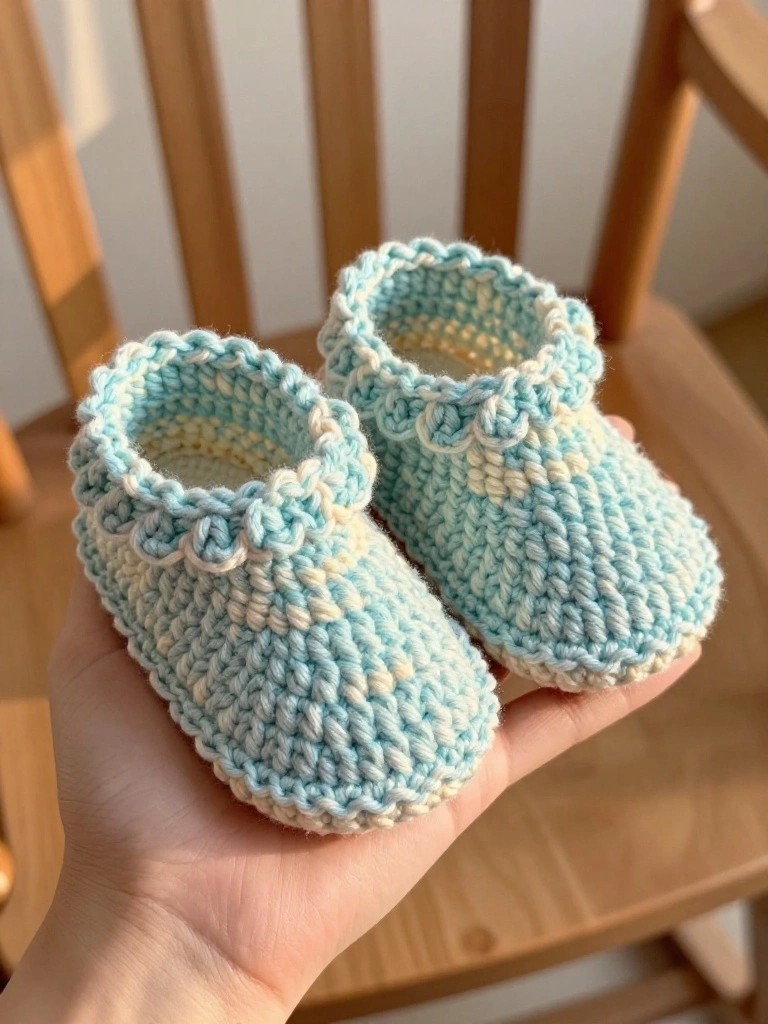 Hand holding two light blue and cream crocheted baby booties.